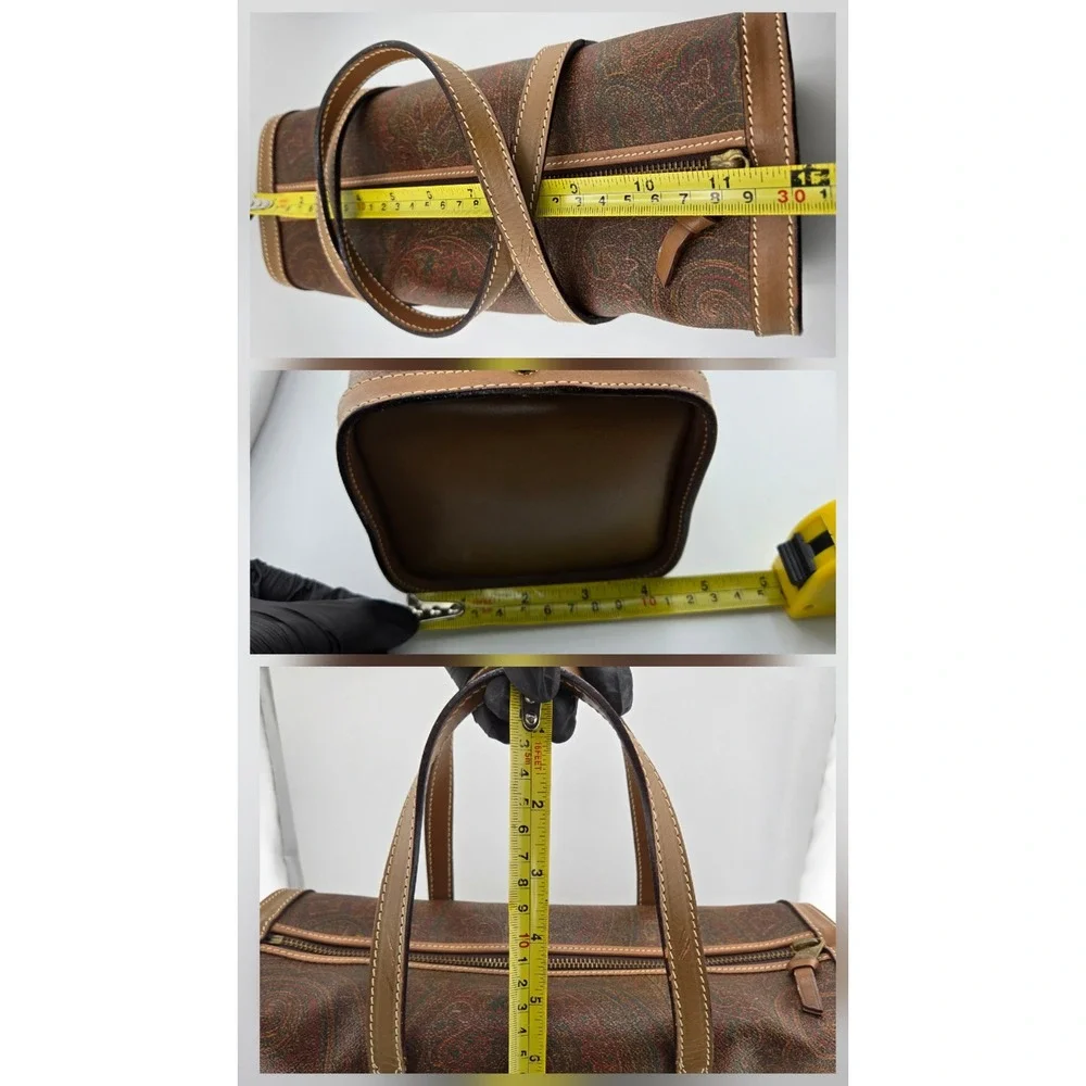 Etro Milano Paisley Print Barrel Bag Brown Leather Trim Vintage Cylinder Satchel
